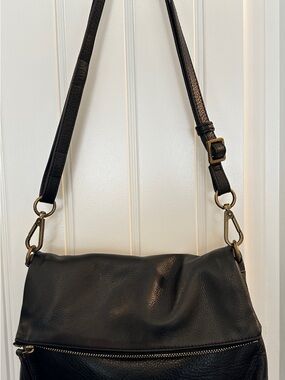 Margot Black Leather Foldover Crossbody Bag Pebbled Adjustable Strap Purse
